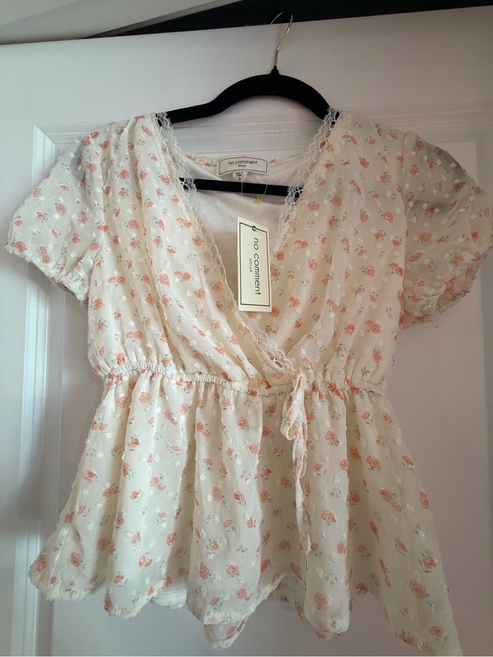 No Comment Studio Cream Floral‎ Wrap Blouse with Peach Print